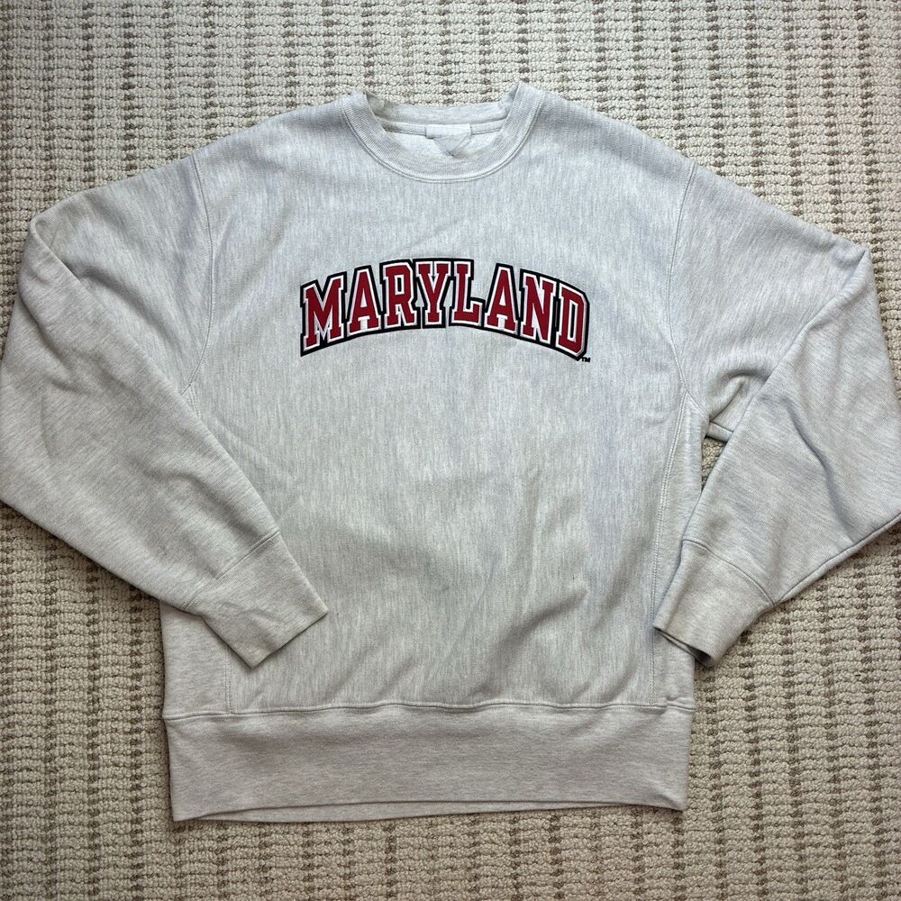 Vintage 90s Maryland Champion Reverse Weave Sweatshirt Size M White Gray Terps